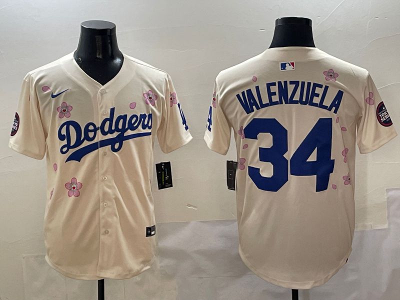 Men Los Angeles Dodgers #34 Valenzuela Cream White Blue Sakura Edition 2025 Nike MLB Jersey style 1->los angeles dodgers->MLB Jersey